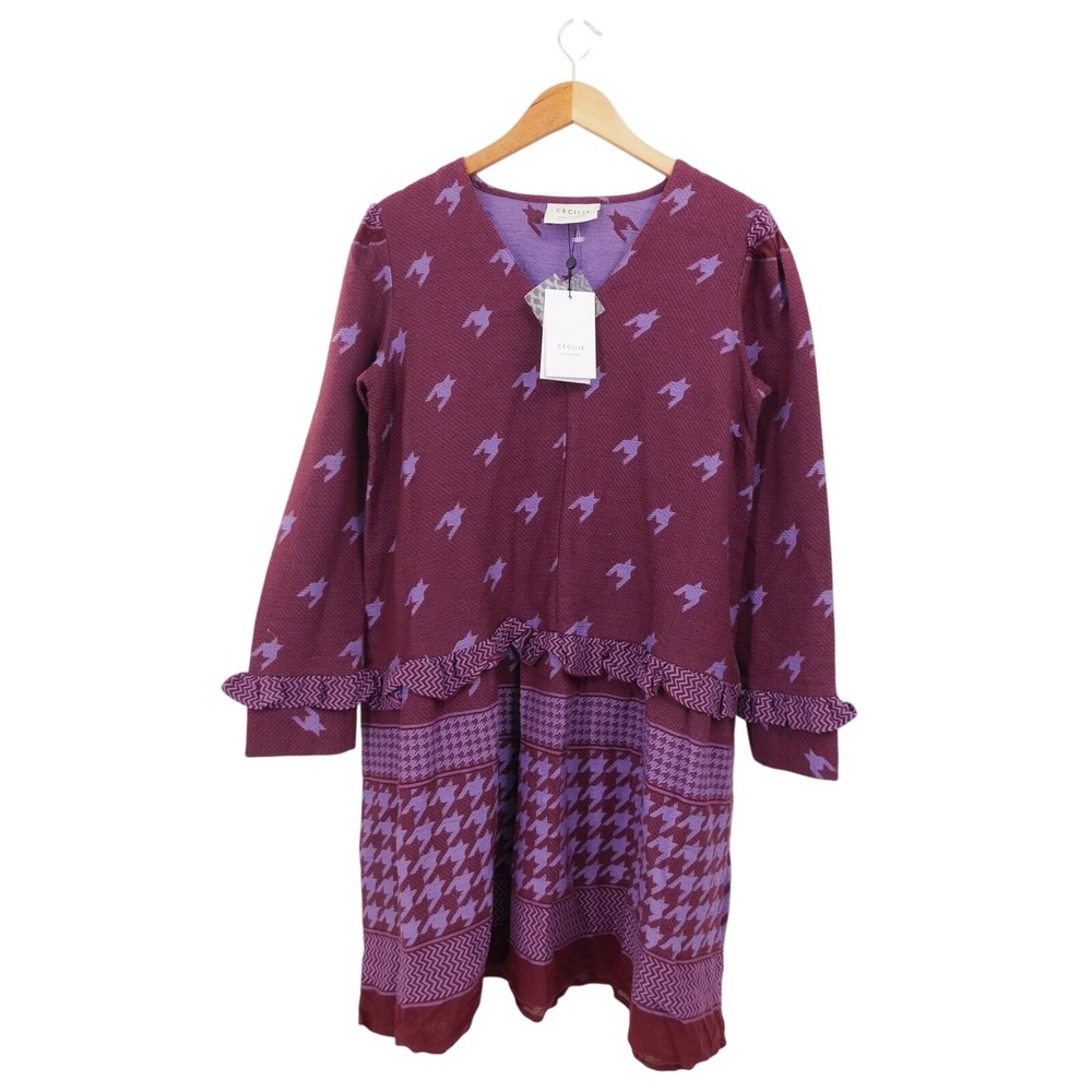 CECILIE Copenhagen Madison Dress Burgundy Lavender Houndstooth‎ Ruffle Size S